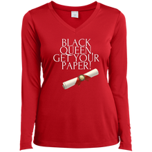 Load image into Gallery viewer, Black Queen Get Your Paper  Sport-Tek Ladies&#39; LS Performance V-Neck T-Shirt
