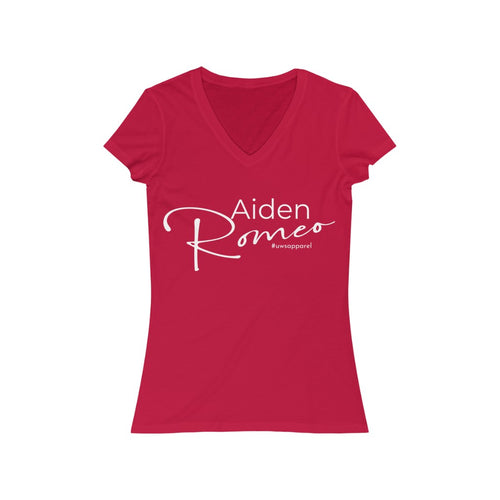 Aiden Romeo Women's Jersey Short SleeveV-Neck Tee (White print)