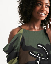 Load image into Gallery viewer, “Favored” Women&#39;s Open Shoulder A-Line Dress (Camo)