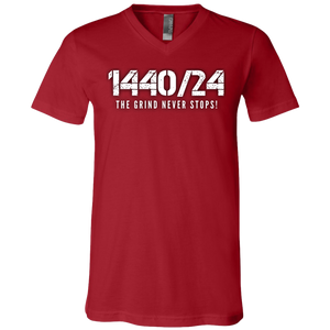 1440/24 THE GRIND NEVER STOPS! White print V Neck T-Shirt
