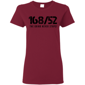 168/52 THE GRIND NEVER STOPS! Black print Ladies T-Shirt