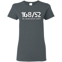 Load image into Gallery viewer, 168/52 THE GRIND NEVER STOPS! White print Ladies T-Shirt