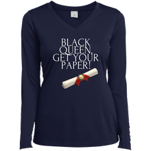 Load image into Gallery viewer, Black Queen Get Your Paper  Sport-Tek Ladies&#39; LS Performance V-Neck T-Shirt