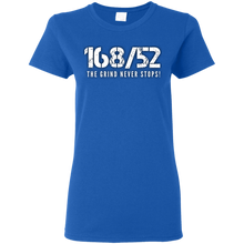 Load image into Gallery viewer, 168/52 THE GRIND NEVER STOPS! White print Ladies T-Shirt