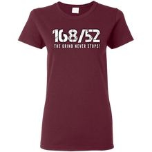 Load image into Gallery viewer, 168/52 THE GRIND NEVER STOPS! White print Ladies T-Shirt