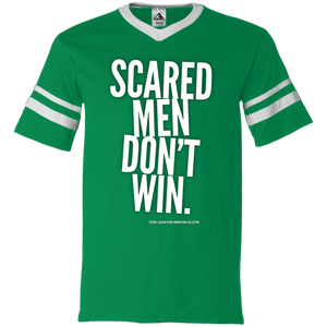 "Scared Men Don't Win" V-Neck Sleeve Stripe Jersey