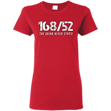Load image into Gallery viewer, 168/52 THE GRIND NEVER STOPS! White print Ladies T-Shirt