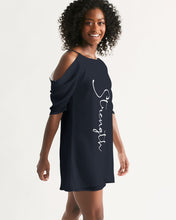 Load image into Gallery viewer, “Strength” Women&#39;s Open Shoulder A-Line Dress (Navy)
