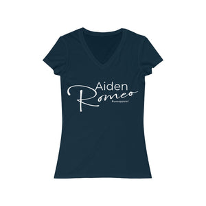 Aiden Romeo Women's Jersey Short SleeveV-Neck Tee (White print)